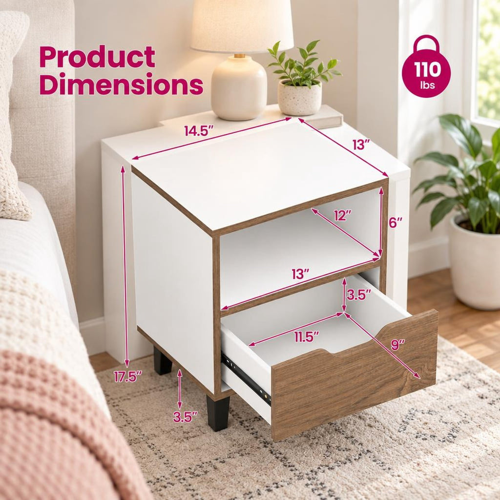Airfind Nightstand with Drawer and Open Storage Shelf for Bedroom, 110 lbs Capacity, Engineered Wood MDF Metal Frame, 14.5in x 13in x 17.5in Footprint