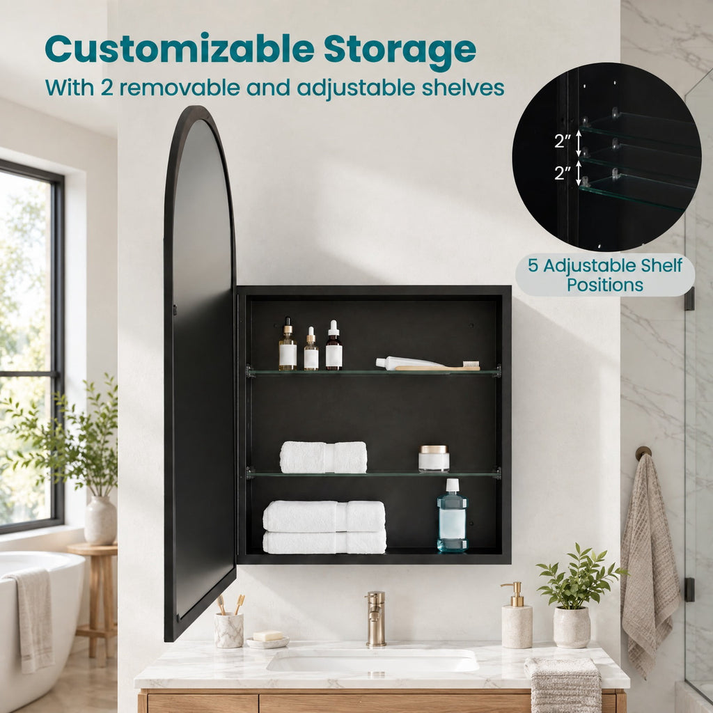 Airfind 34in x 22in Brushed Metal Wall-Mounted Storage Cabinet with Arched Mirror and Adjustable Shelves, 11 lbs Capacity, Metal Frame, Black