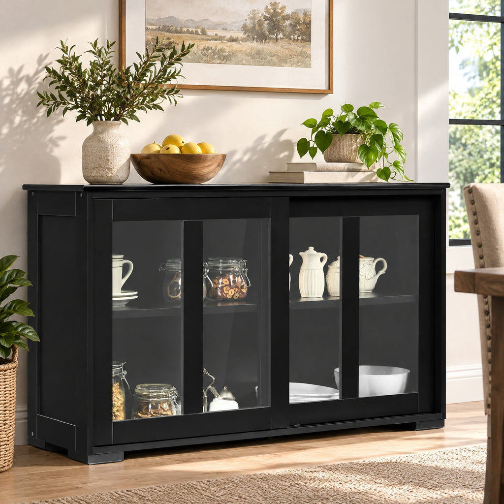 Airfind Kitchen Storage Cabinet with Glass Sliding Door, MDF transparent tempered glass Frame, 42in x 13.0in x 24.5in Footprint, Black