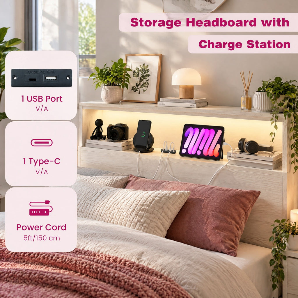 Airfind Twin Size Bed Frame with Storage Headboard and Charging Station, 200 lbs Capacity, Plywood Pine Wood MDF Engineered Wood Frame, White