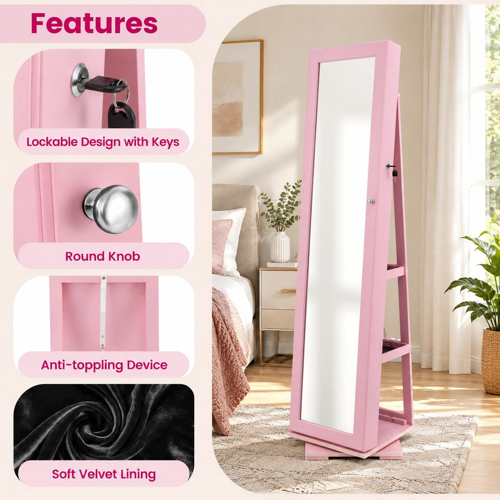 Airfind 360° Rotatable 2-in-1 Lockable Jewelry Cabinet with Full-Length Mirror, P2 MDF, 15 Inch x 15 Inch x 63.5 Inch (L x W x H) External, Pink
