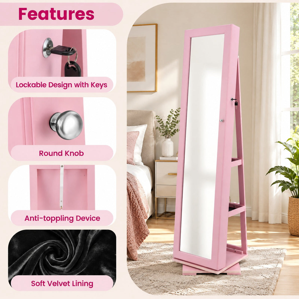 Airfind 360° Rotatable 2-in-1 Lockable Jewelry Cabinet with Full-Length Mirror, P2 MDF, 15 Inch x 15 Inch x 63.5 Inch (L x W x H) External, Pink