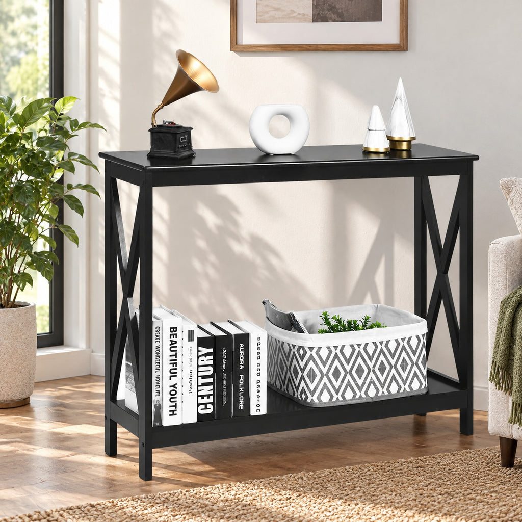 Airfind 2-Tier Console X-Design Sofa Side Accent Table, 66 lbs Capacity, P2 MDF Frame, 39.5 x 12 x 31.5 Footprint, Black