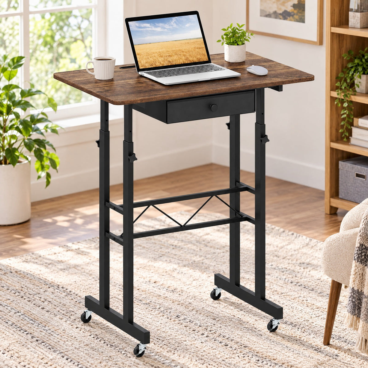 Airfind Height Adjustable Laptop Desk with Fabric Drawer Tablet Holder and Lockable Wheels, 45 lbs Capacity, 31.5 x 20 x 29-45.5 Footprint
