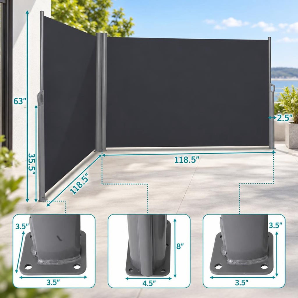 Airfind 237 x 63 Inch Patio Retractable Double Folding Side Awning Screen Divider, Aluminum Frame, 236 Inch x 2 Inch x 63 Inch Footprint, Dark gray