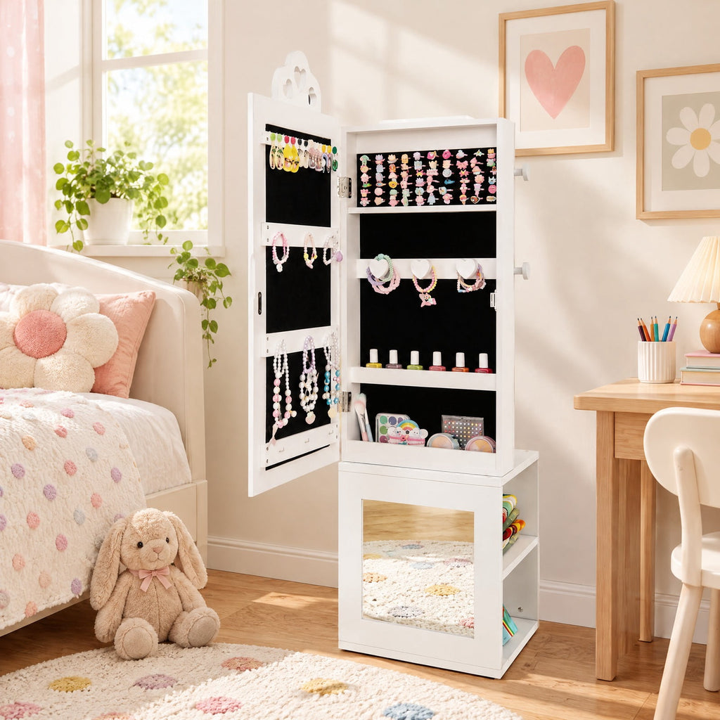 Airfind 3-in-1 Freestanding Kids Jewelry Cabinet Armoire with Full Length Mirror, MDF Frame, 13.5 x 12 x 46 Footprint, White