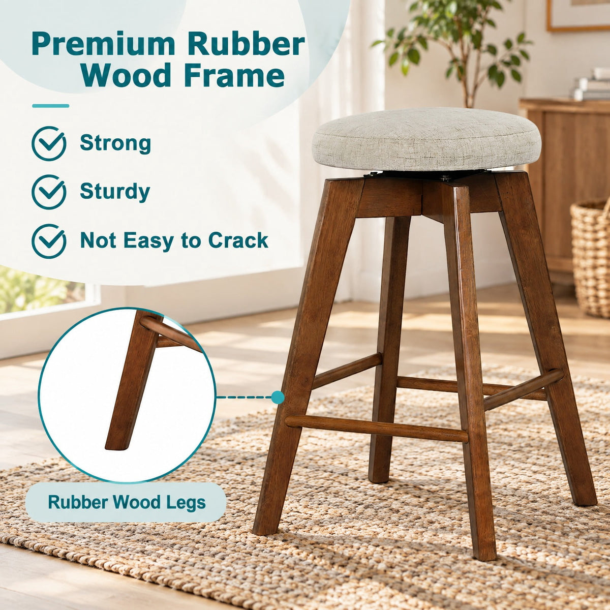 Airfind 2 Pieces 26 Inch Backless Swivel Barstools with Linen Fabric Seat, 330 lbs Capacity, Linen Fabric Sponge Rubber Wood Metal Frame, Beige