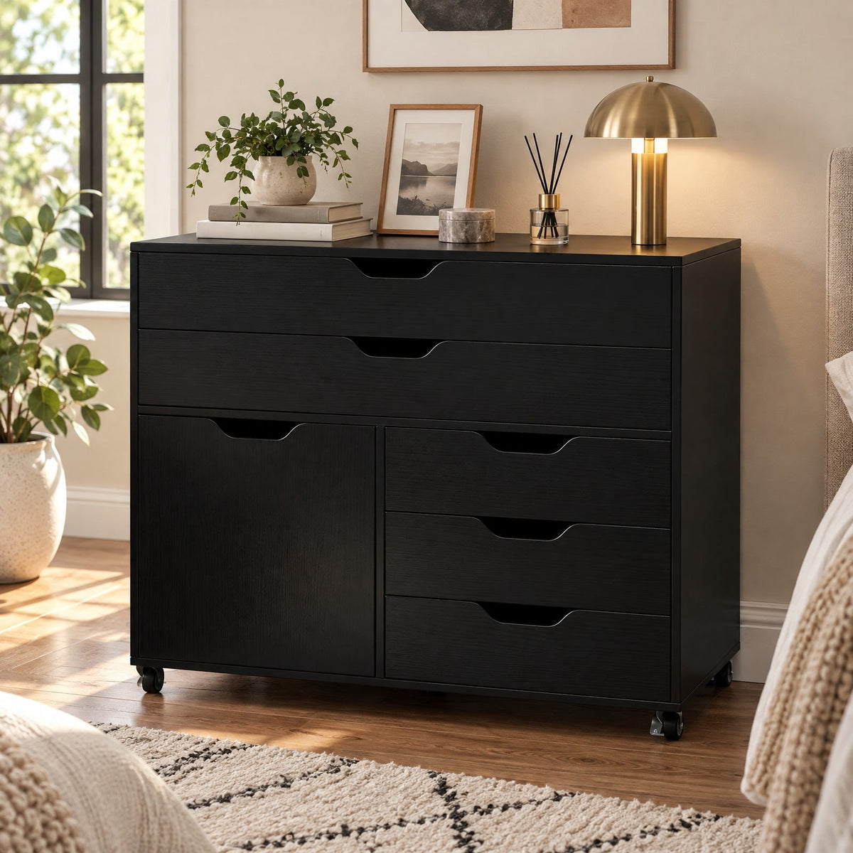 Airfind Modern Vertical 5-Drawer Mobile Chest with Door 5 Casters, 220 lbs Capacity, Engineered Wood MDF Metal Frame, 30.5in x 16in x 25in Footprint