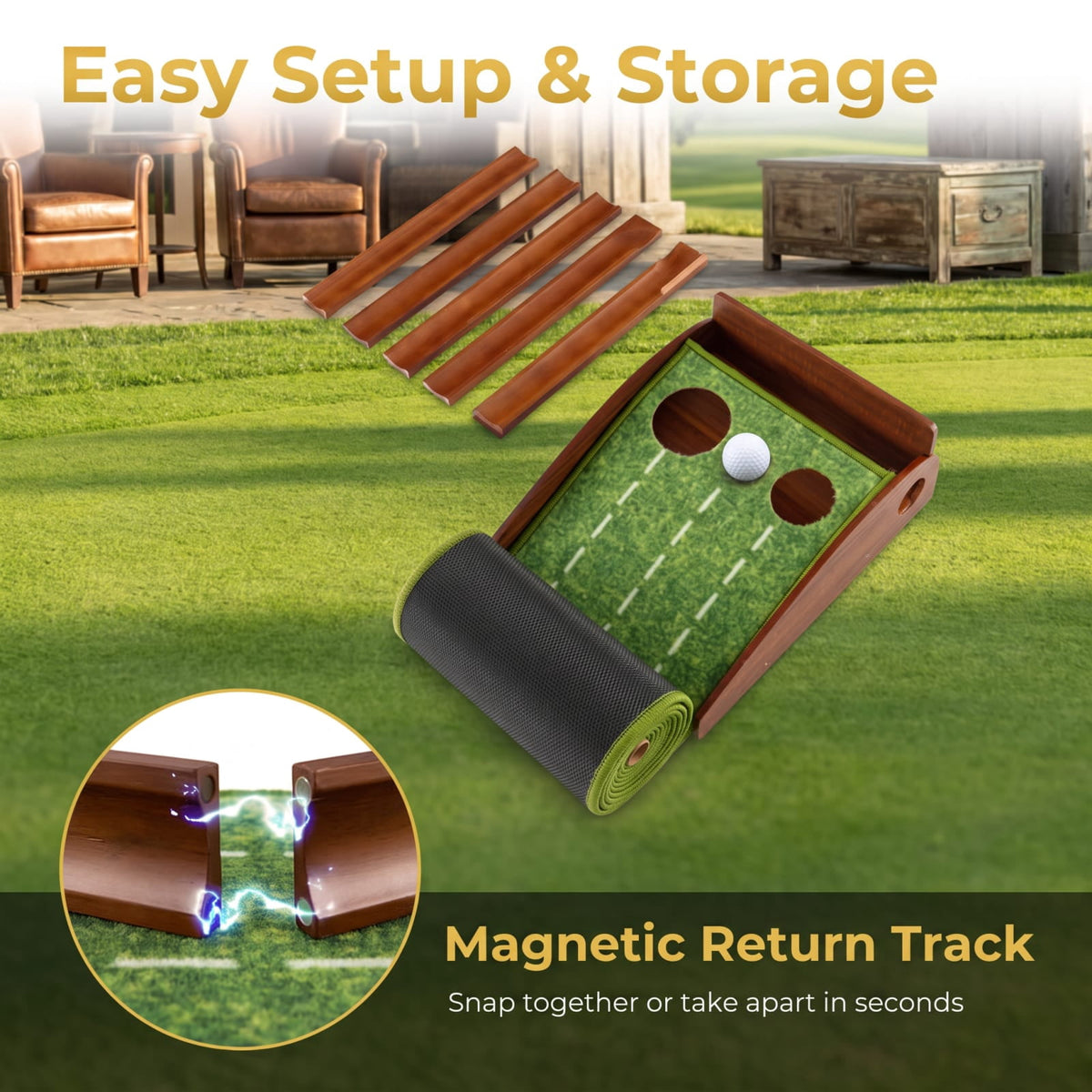 Airfind Golf Putting Mat Practice Training Aid with Auto Ball Return 3 Hole Sizes and Sloped Approach for Indoor Green, Brown