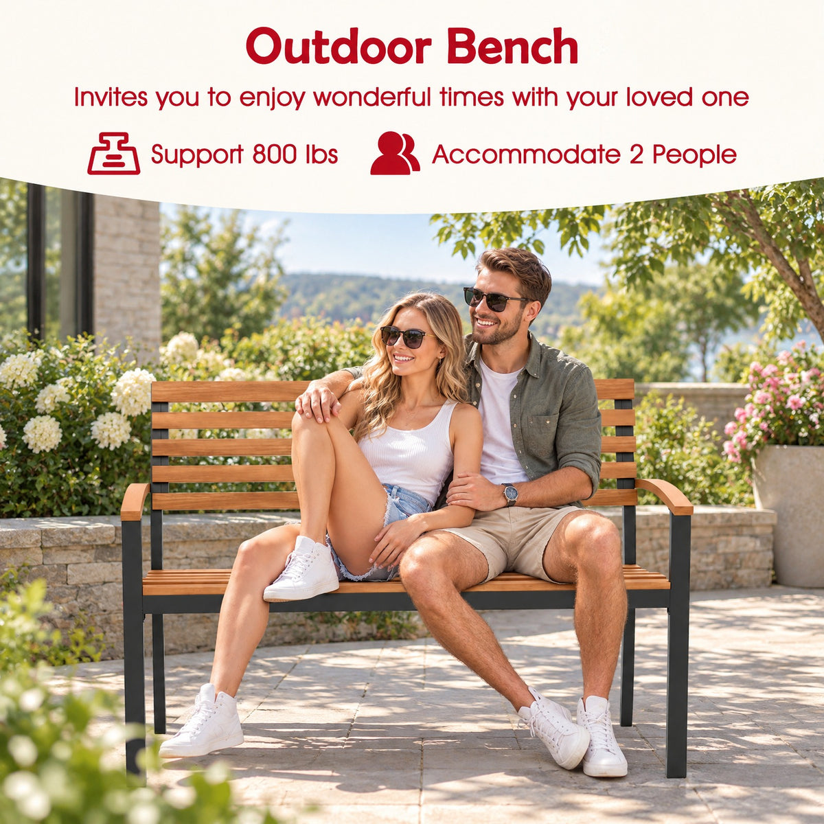 Airfind Outdoor Bench Acacia Wood Patio Loveseat with Backrest Armrests, 800 lbs Capacity, Acacia Wood Metal Frame, 47 × 23 × 34 Footprint, Wood