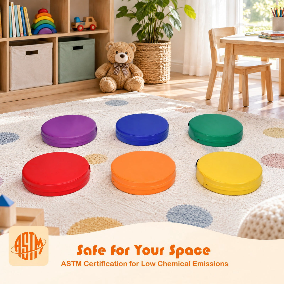 Airfind s 15 Inch Round, 6 Piece, Youth Floor Cushions for Youth, PU EPE Frame, for 9 Months and older with Functional Design, Multicolor