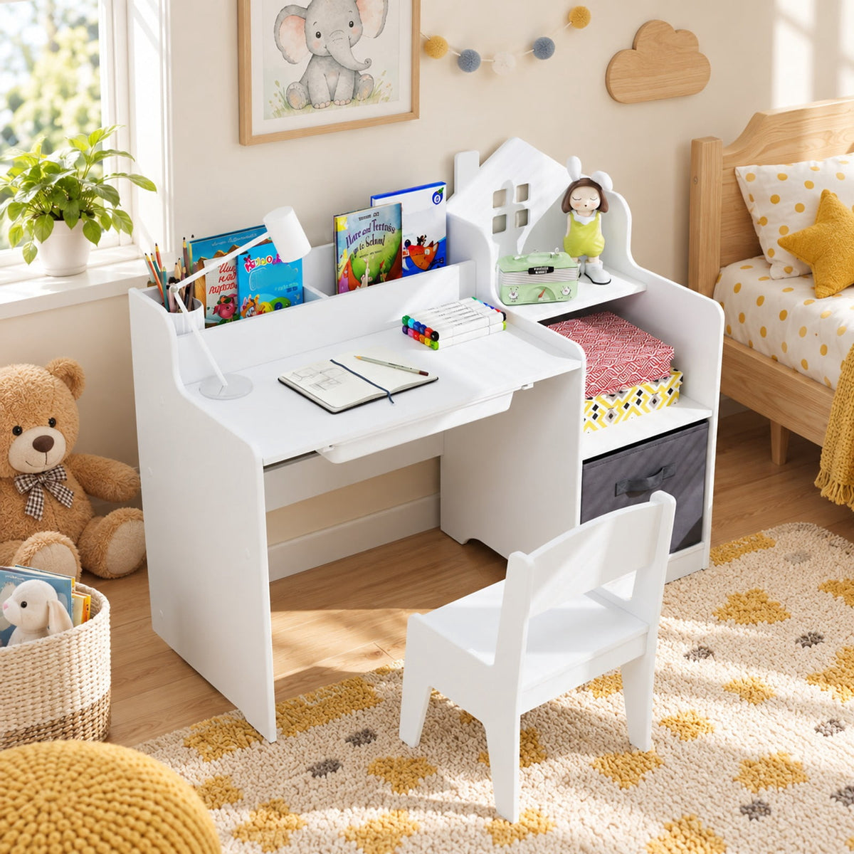 Airfind Kids Study Desk and Chair Set with Open Shelves Drawer and Fabric Storage Bin, 44 lbs Capacity, MDF Non-woven Fabric Desk Frame, White