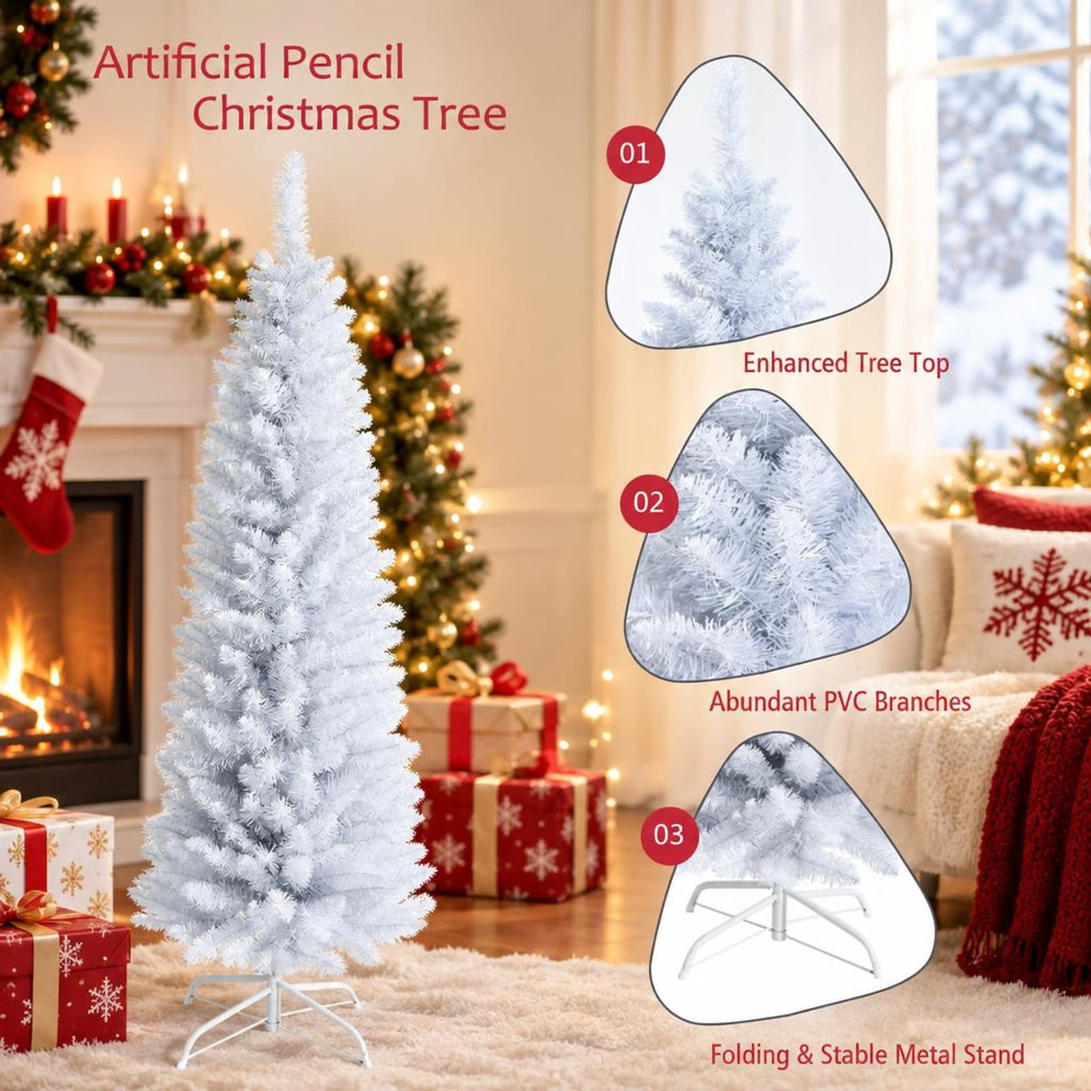 Airfind Slim Artificial Christmas Pencil Tree with PVC Needles and Folding Metal Stand-5ft, White, Branch tips create lush and dense appearance