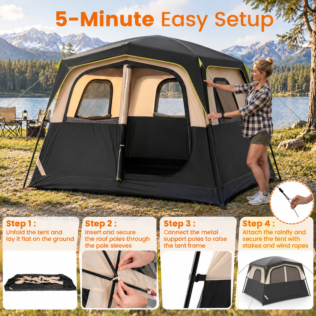 Airfind 6-Person Camping Tent Easy Setup Family Cabin Tent with Top Rainfly Mesh Windows, Fabric Fiberglass Metal Frame, 10 x 9 x 7 ft Footprint