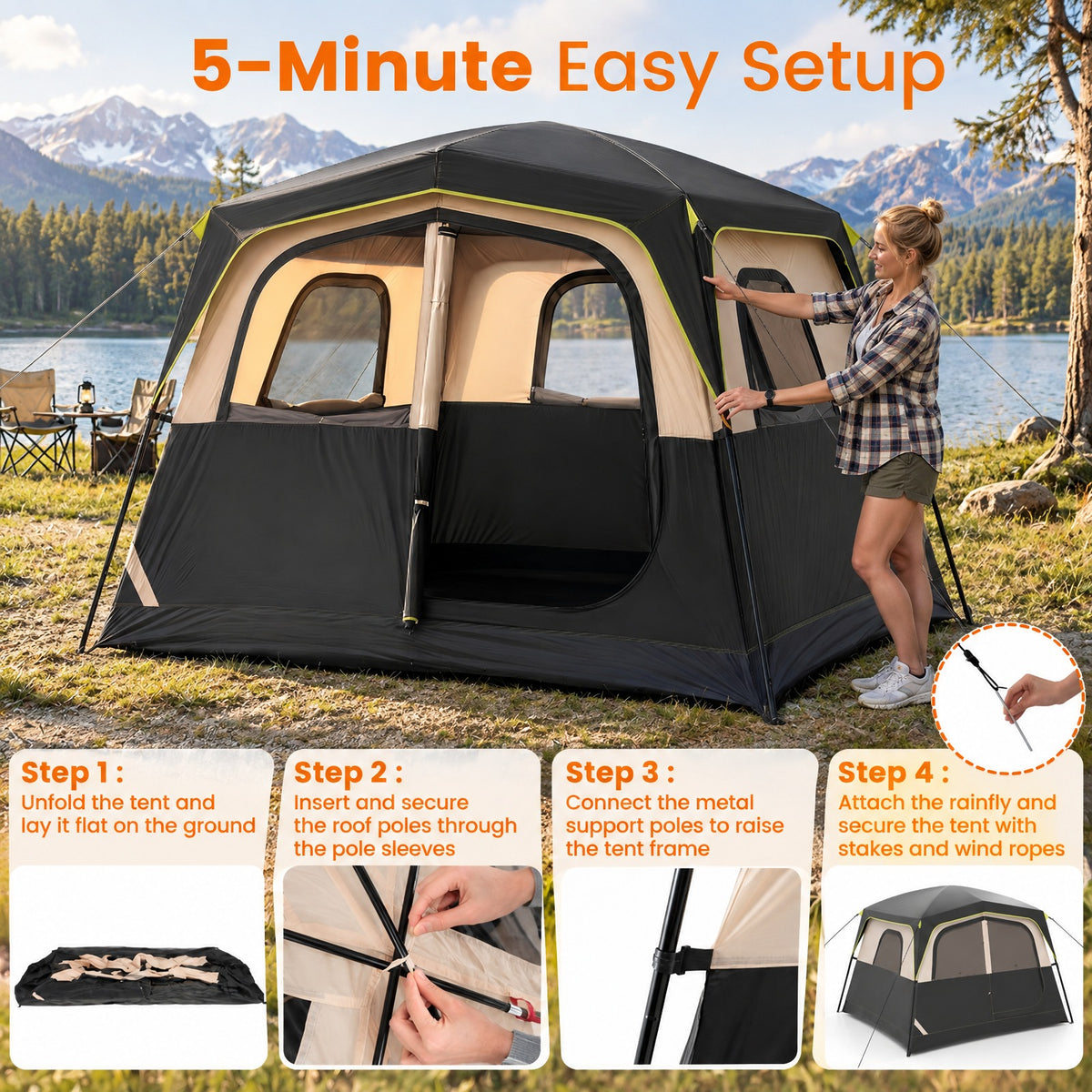 Airfind 6-Person Camping Tent Easy Setup Family Cabin Tent with Top Rainfly Mesh Windows, Fabric Fiberglass Metal Frame, 10 x 9 x 7 ft Footprint