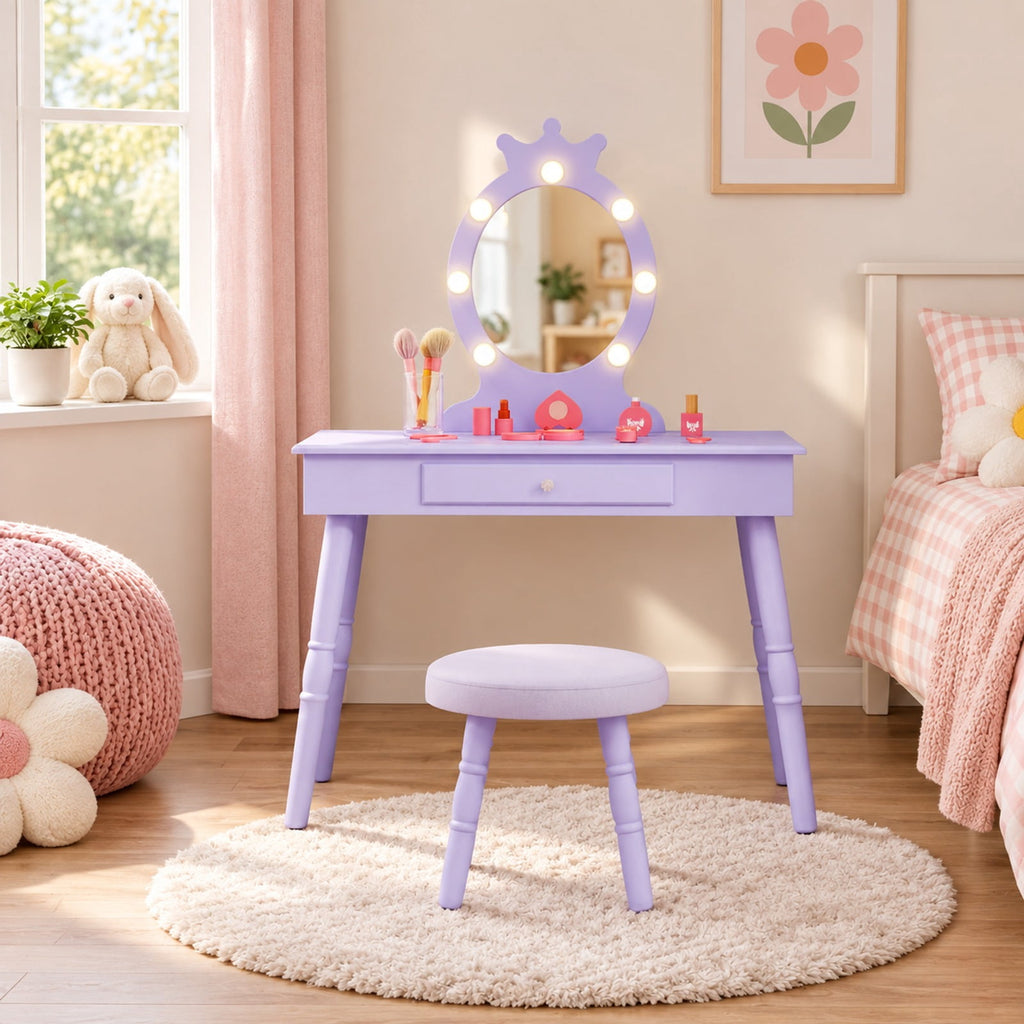 Airfind Kids Vanity Set with Lighted Mirror with Adjustable Brightness and Large Drawer, 110 lbs Capacity, MDF Frame, for 3-7 Years Old, Purple
