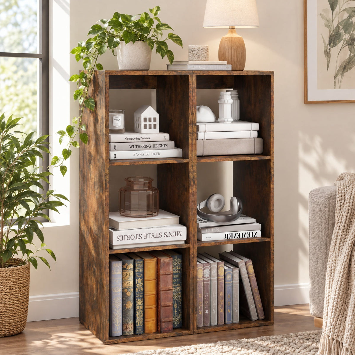 Airfind 3 Cube Bookshelf with Back Guardrail for Living Room Bedroom, Engineered Wood Frame, 14 Inch x 13 Inch x 41 Inch Depth of Bottom Shelf 12 Inch Footprint
