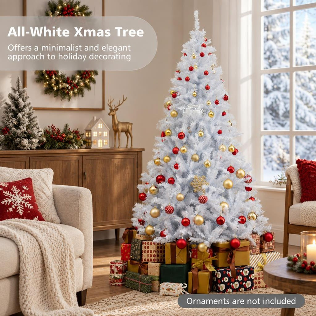 Airfind Pre Lit Artificial Christmas Tree, 7 Ft Hinged Holiday Tree featuring 11 Lighting Modes and Metal Stand for Seasonal Display, White
