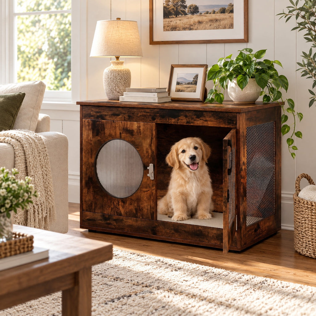 Airfind Furniture Style Dog Crate for Small and Medium Dogs with Translucent Window and Lockable Door, 88 lbs Capacity, Brown