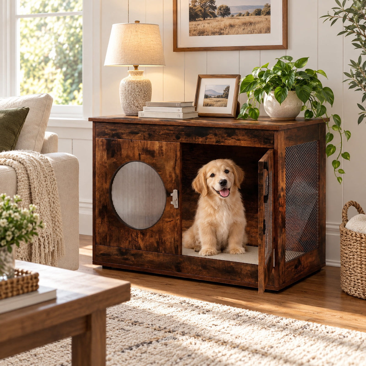 Airfind Furniture Style Dog Crate for Small and Medium Dogs with Translucent Window and Lockable Door, 88 lbs Capacity, Brown