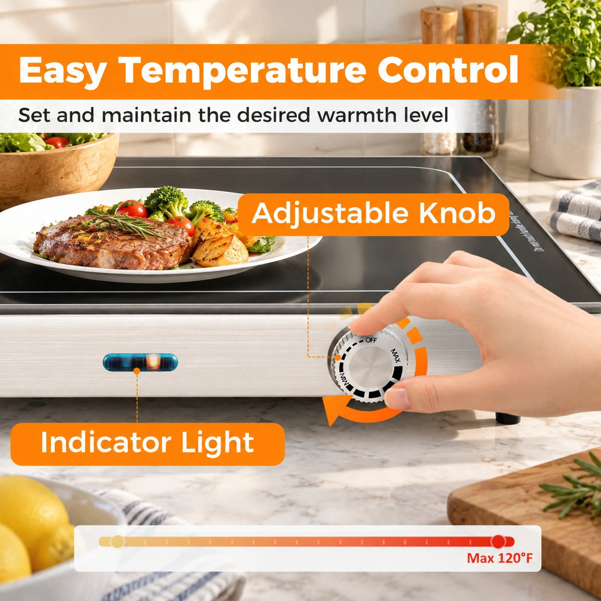 Airfind Electric Warming Tray with Adjustable Temperature and Built, Tempered Glass Stainless Steel Galvanized Steel Frame, Black and Silver
