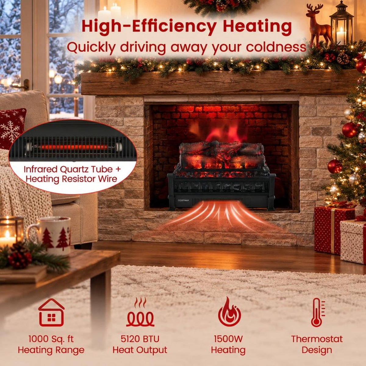 Airfind 20 Inch Electric Fireplace Heater with Realistic Pinewood Ember Bed, Black, Easy to operate with functional control panel