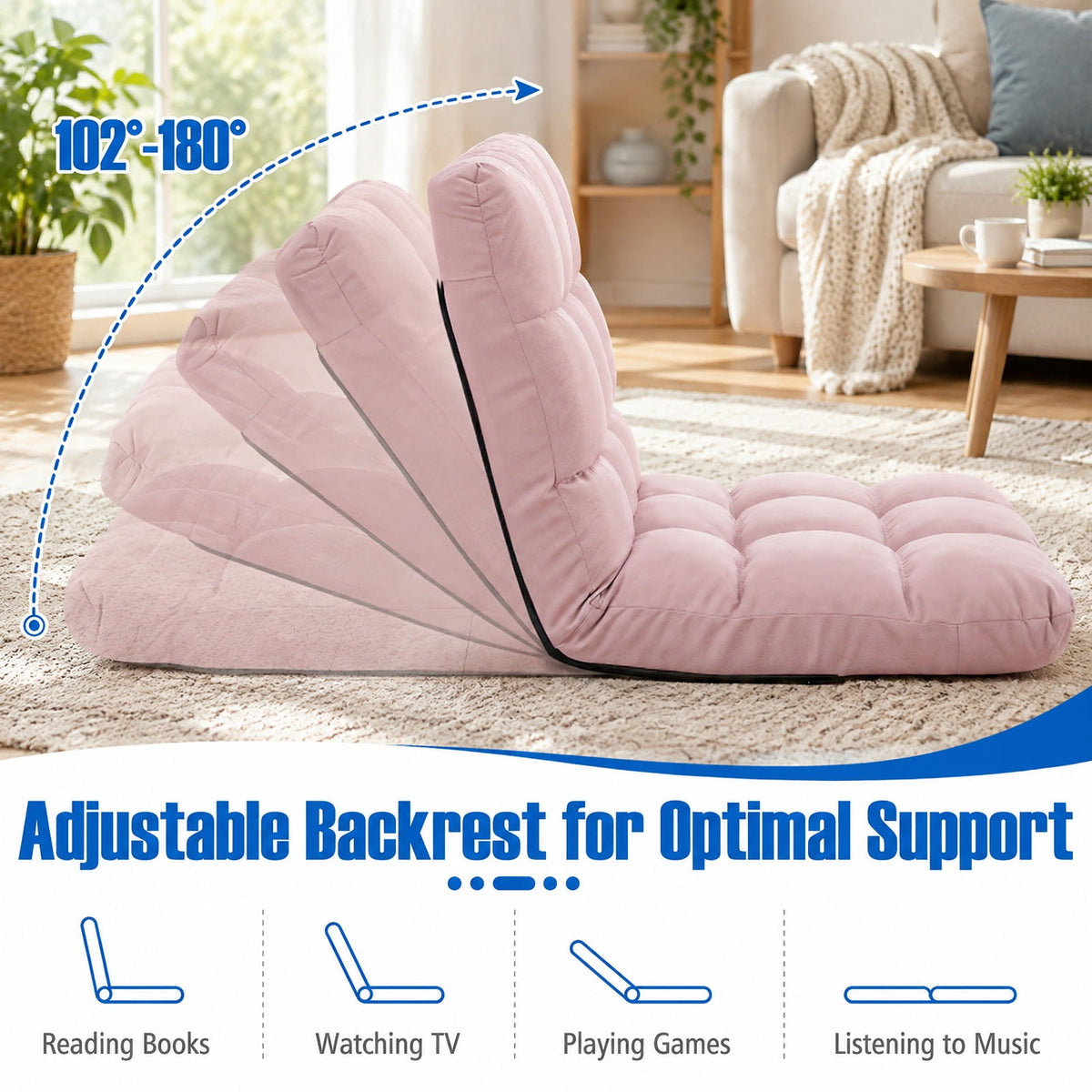 Airfind 14-Position Adjustable Folding Lazy Gaming Sofa, 264 lbs Capacity, Cotton and linen fabric steel Frame, Light Pink