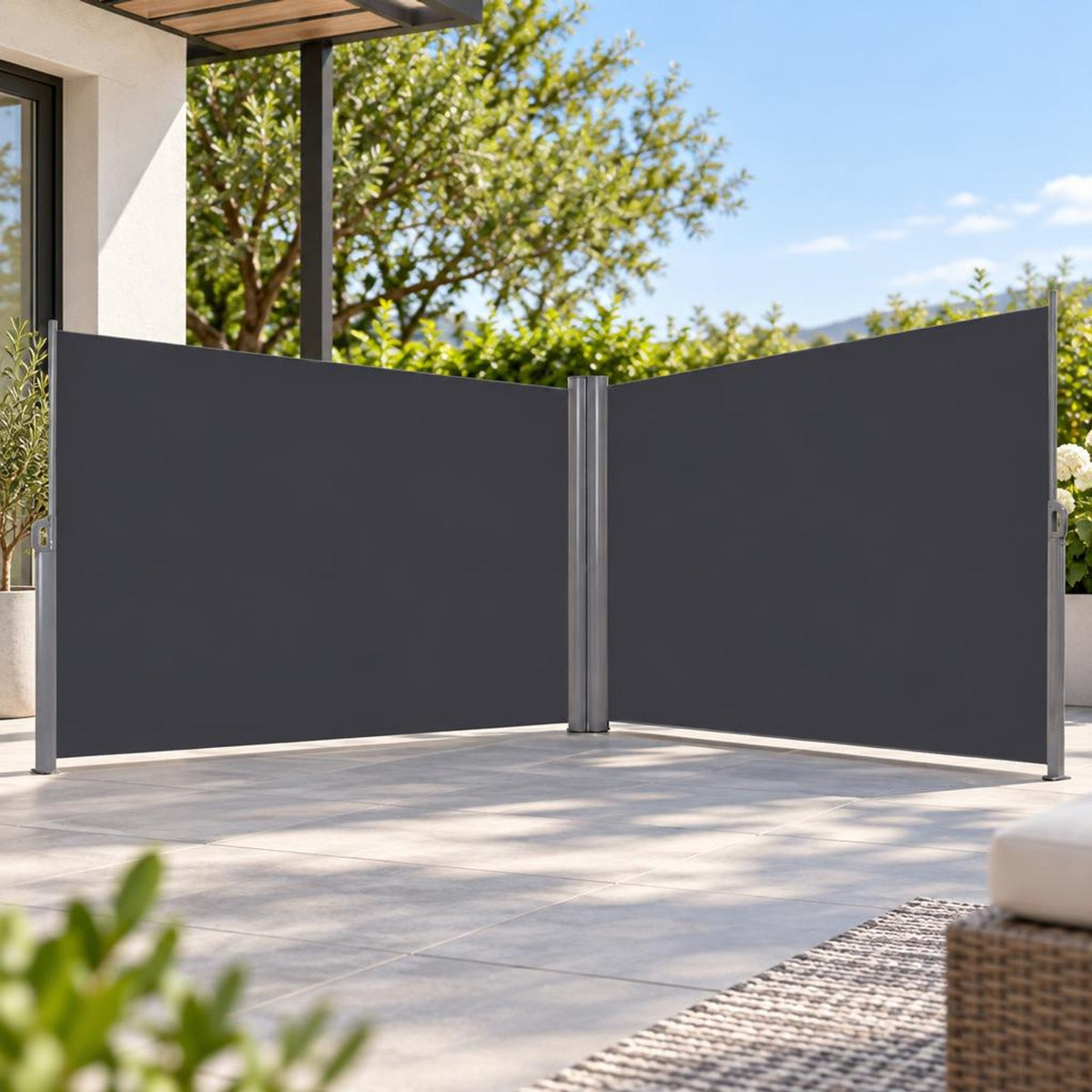 Airfind 237 x 63 Inch Patio Retractable Double Folding Side Awning Screen Divider, Aluminum Frame, 236 Inch x 2 Inch x 63 Inch Footprint, Dark gray