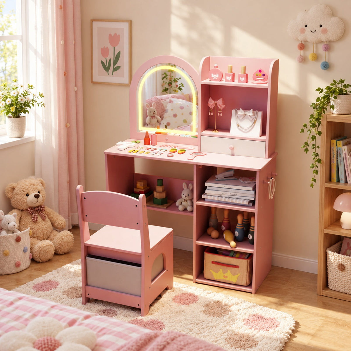 Airfind Kids Vanity Set Princess Girls Makeup Vanity Desk with Chair and 3-Color LED Lighted Mirror, 45 lbs Capacity, MDF Frame, Pink