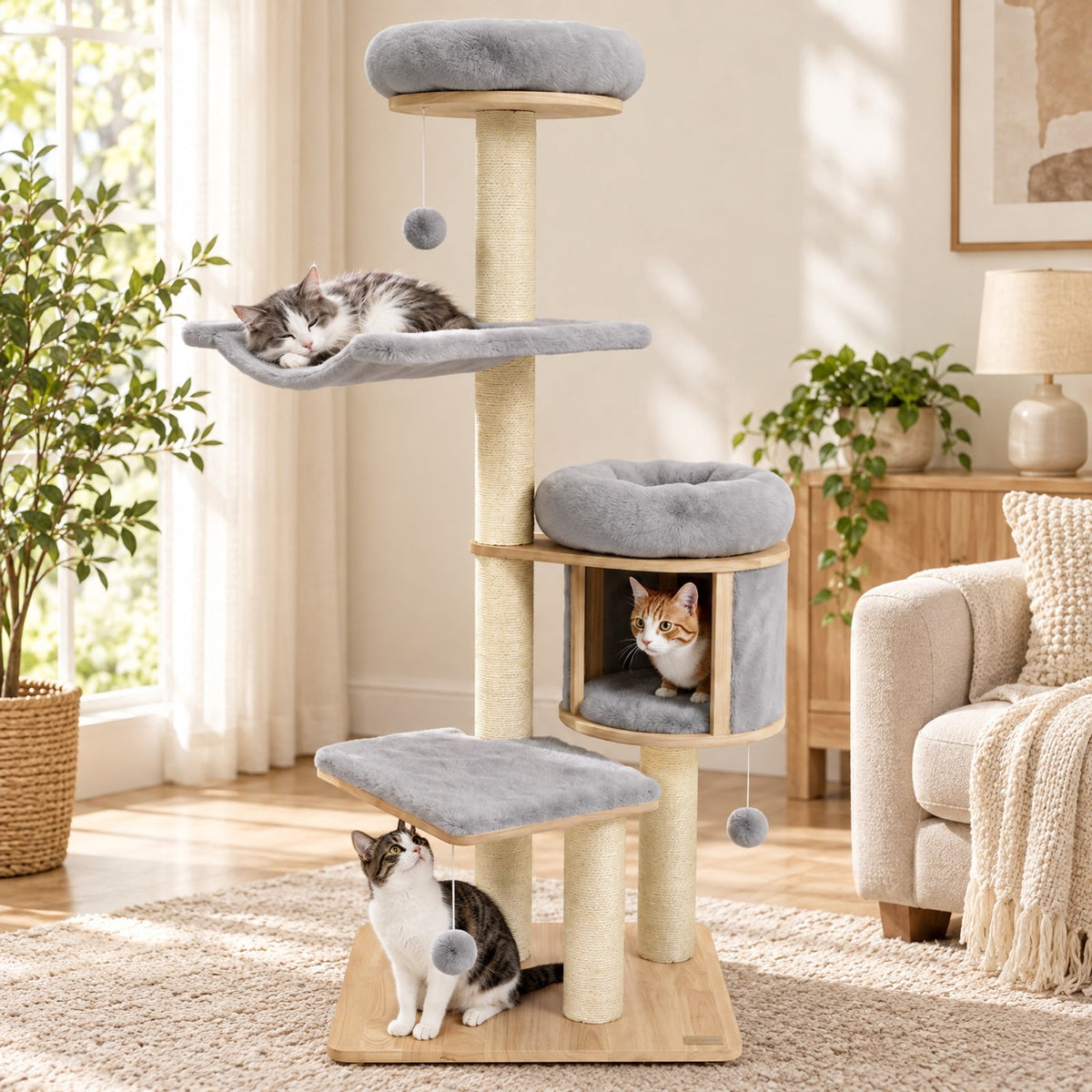 Airfind 55in Solid Rubber Wood Cat Tree with Condo and Hammock and Scratching Posts for Adult Cats, Beige