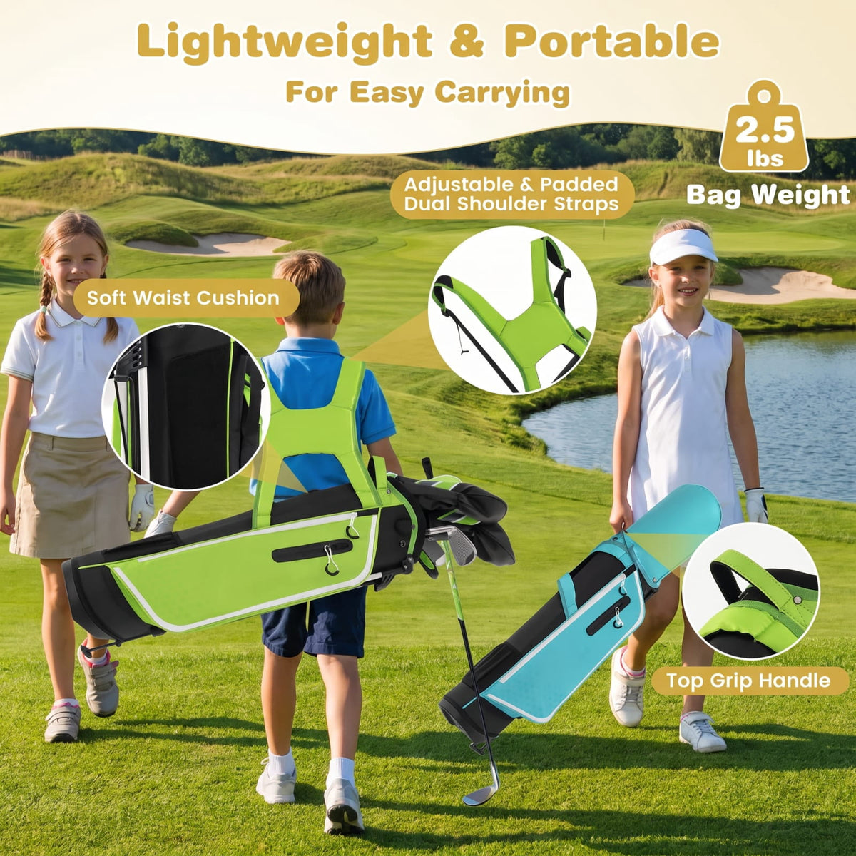 Airfind Junior Complete Golf Club Set with Stand Bag and Rain Hood and Padded Dual Shoulder Straps for Kids Ages 11 to 13, Green