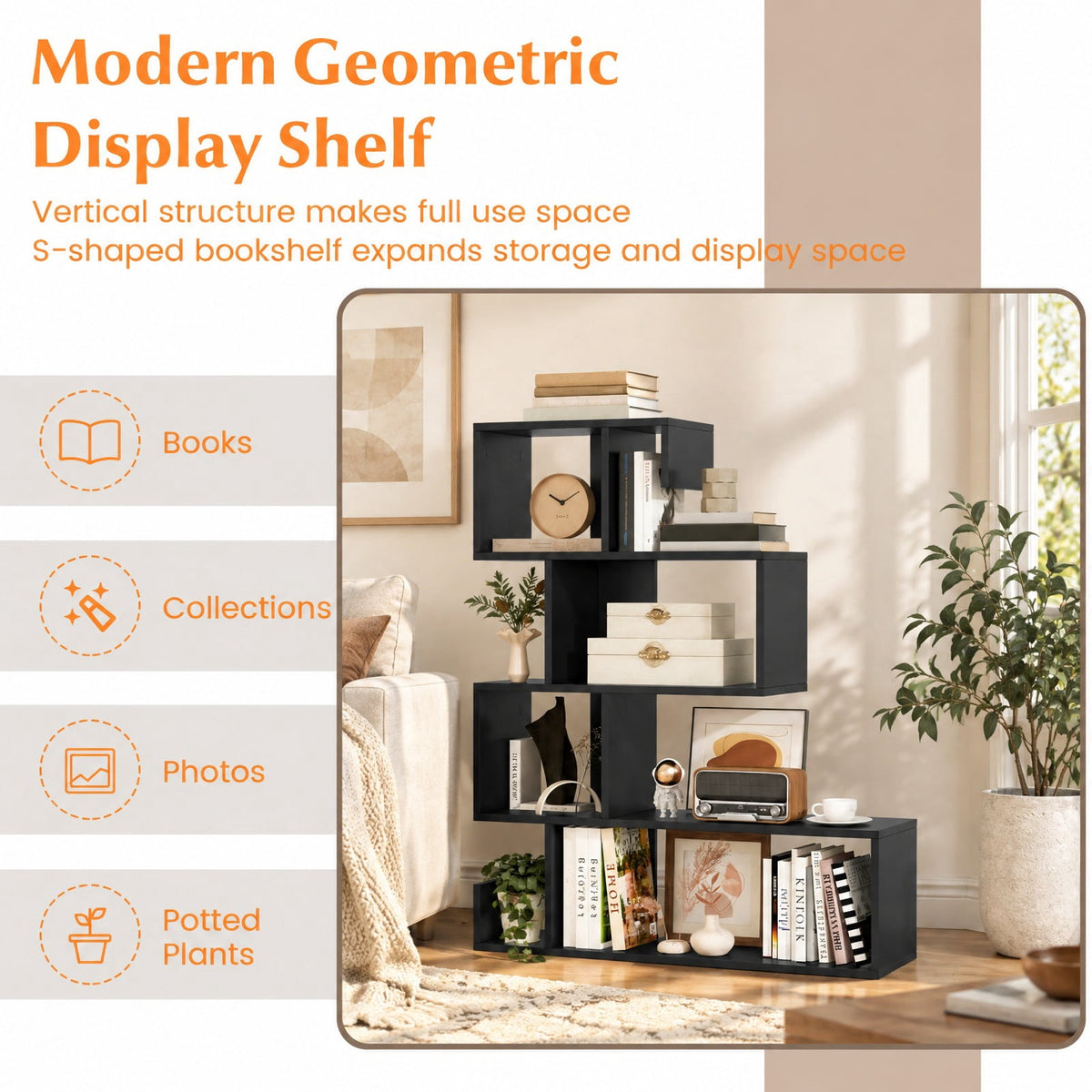 Airfind 5-Tier S-Shaped Bookshelf Geometric Z-Shelf Bookcase with Open Cubes, 44 lbs Capacity, Engineered Wood Frame, 31.5 x 8.5 x 39.5 Footprint