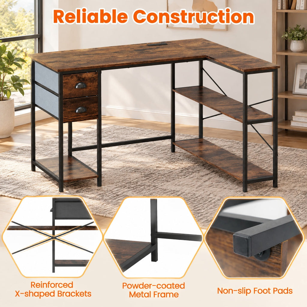 Airfind L Shaped Desk with Charging Station Corner Computer Desk with 2 Fabric Drawers, 110 lbs Capacity, Engineered Wood Metal Fabric Frame, Brown