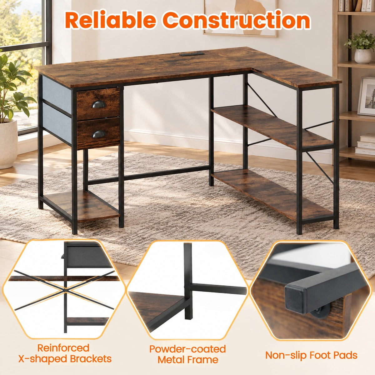 Airfind L Shaped Desk with Charging Station Corner Computer Desk with 2 Fabric Drawers, 110 lbs Capacity, Engineered Wood Metal Fabric Frame, Brown