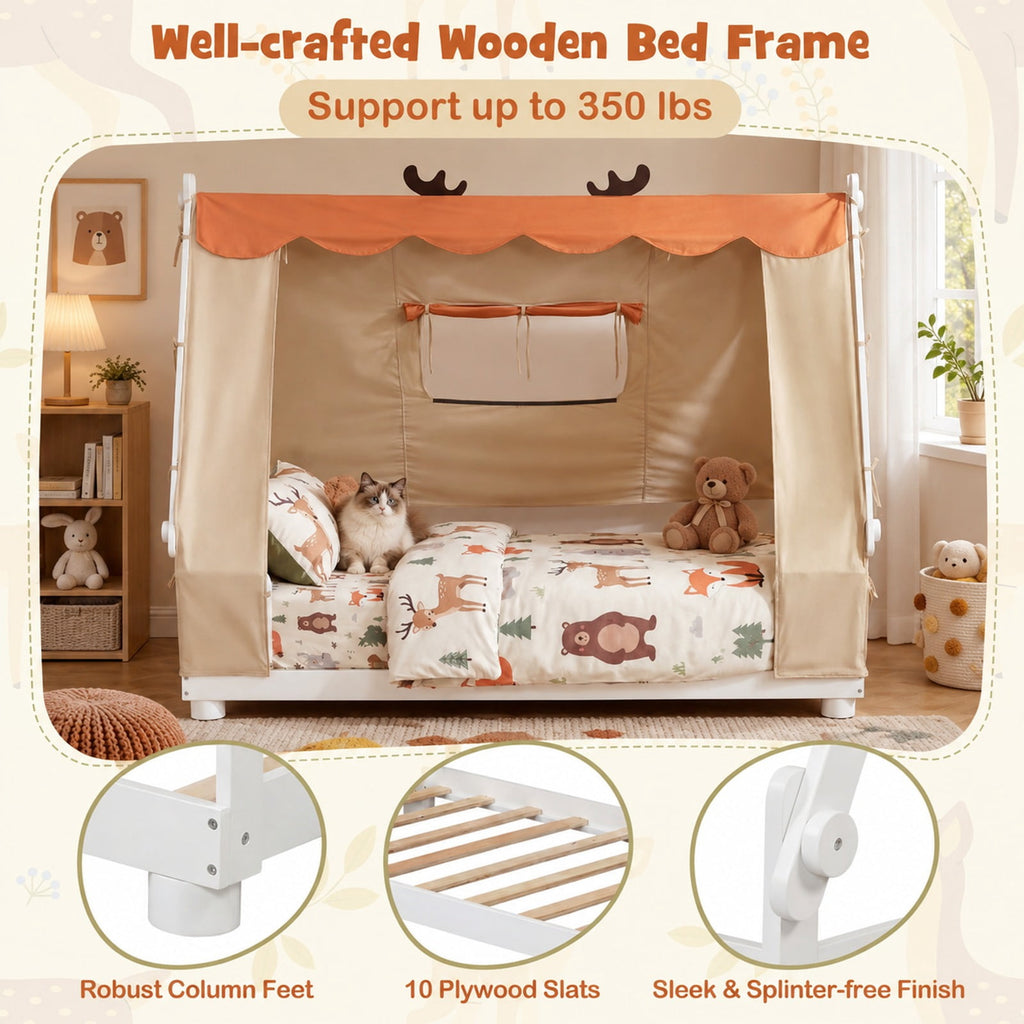 Airfind Twin Size House Floor Wood Bed with Tent, 350 lbs Capacity, Pine Wood Plywood Dutch Velvet Fabric Frame, 81 Inch x 41 Inch x 63 Inch Footprint, White