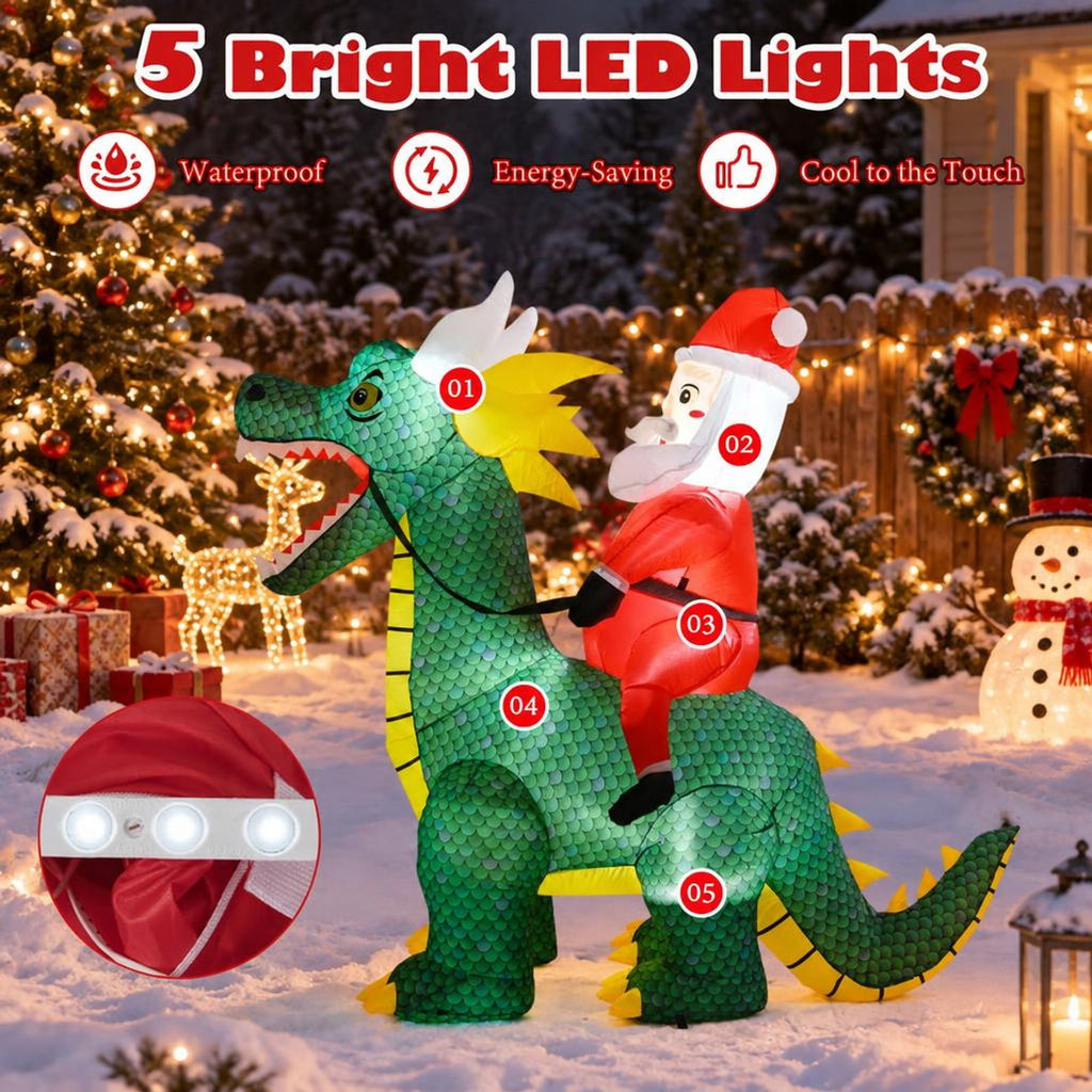 Airfind 6.7 Feet Christmas Inflatable Santa Claus Ride on Dinosaur with Built, Polyester Fabric Frame, 6.7 ft x 3 ft x 6 ft Footprint, Multi-color