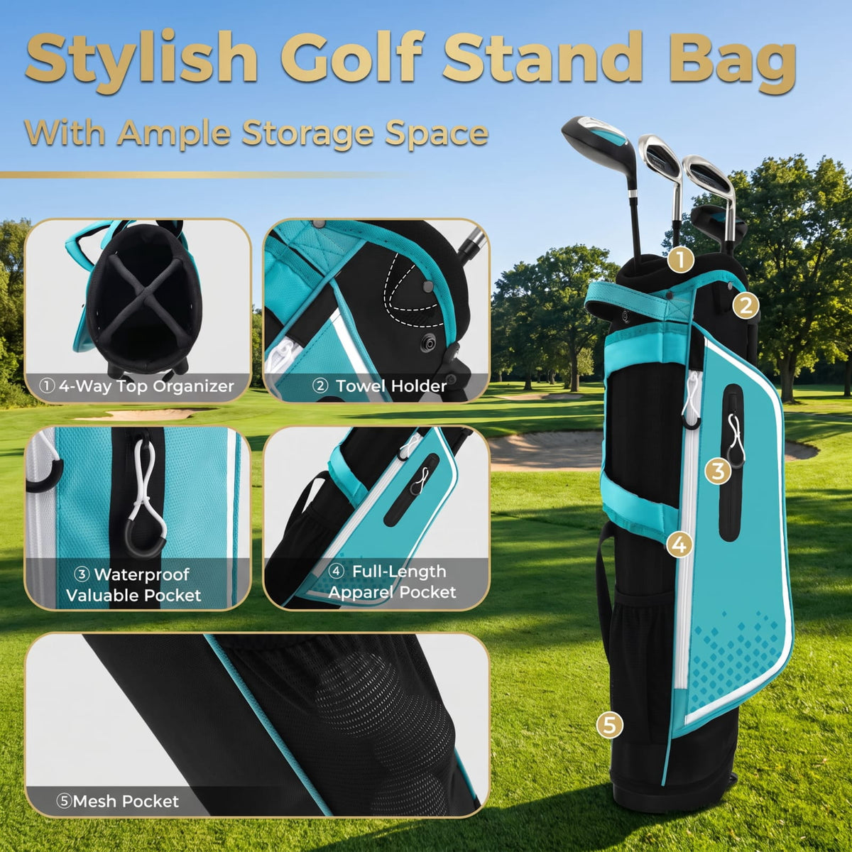 Airfind Junior Complete Golf Club Set for Kids Right Hand with Driver Irons Putter Stand Bag and Rain Hood Ages 8 to 10, Blue
