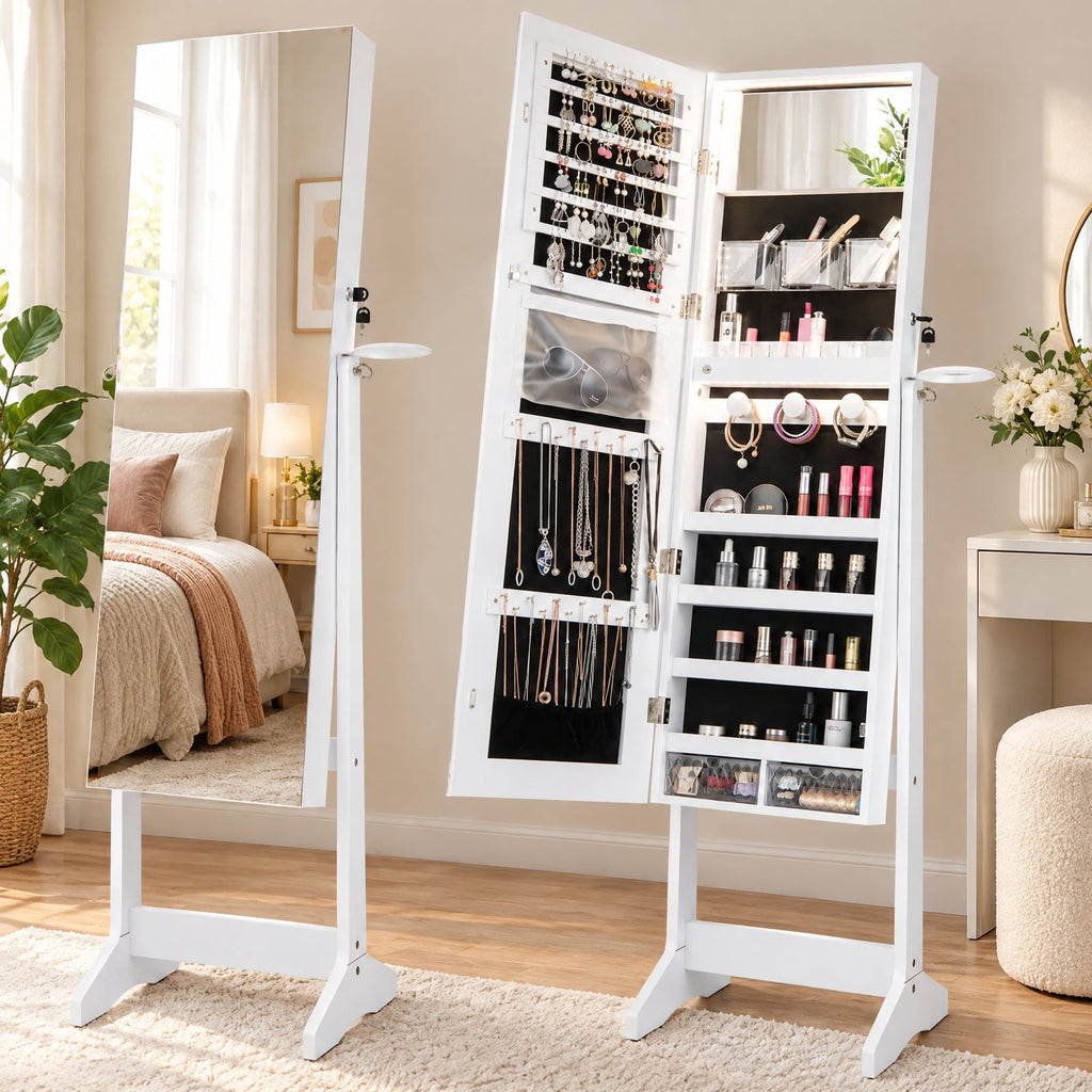 Airfind Jewelry Cabinet, Freestanding, with Full Length HD Mirror, MDF Glass Frame, 16 Inch x 14.5 Inch x 61.5 Inch Footprint, White