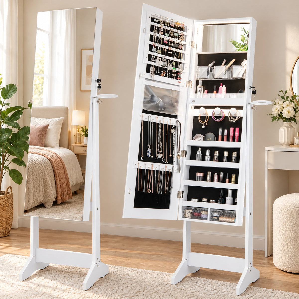 Airfind Jewelry Cabinet, Freestanding, with Full Length HD Mirror, MDF Glass Frame, 16 Inch x 14.5 Inch x 61.5 Inch Footprint, White