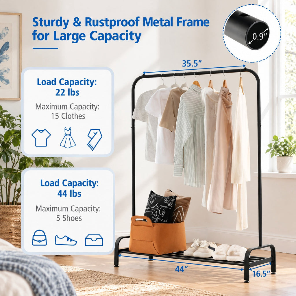 Airfind Heavy Duty Clothes Stand Rack with Top Rod and Lower Storage Shelf, 44 Lbs Capacity, Metal, 44 Inch X 16.5 Inch X 57 Inch, Black