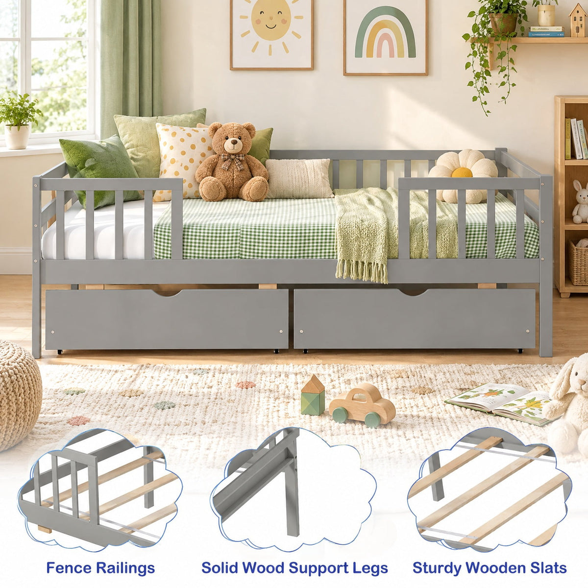 Airfind Twin Daybed with Fence and 2 Drawers Kids Bed for Boys Girls, 200 lbs Capacity, Pine Wood MDF Engineered Wood Plywood Frame, Gray