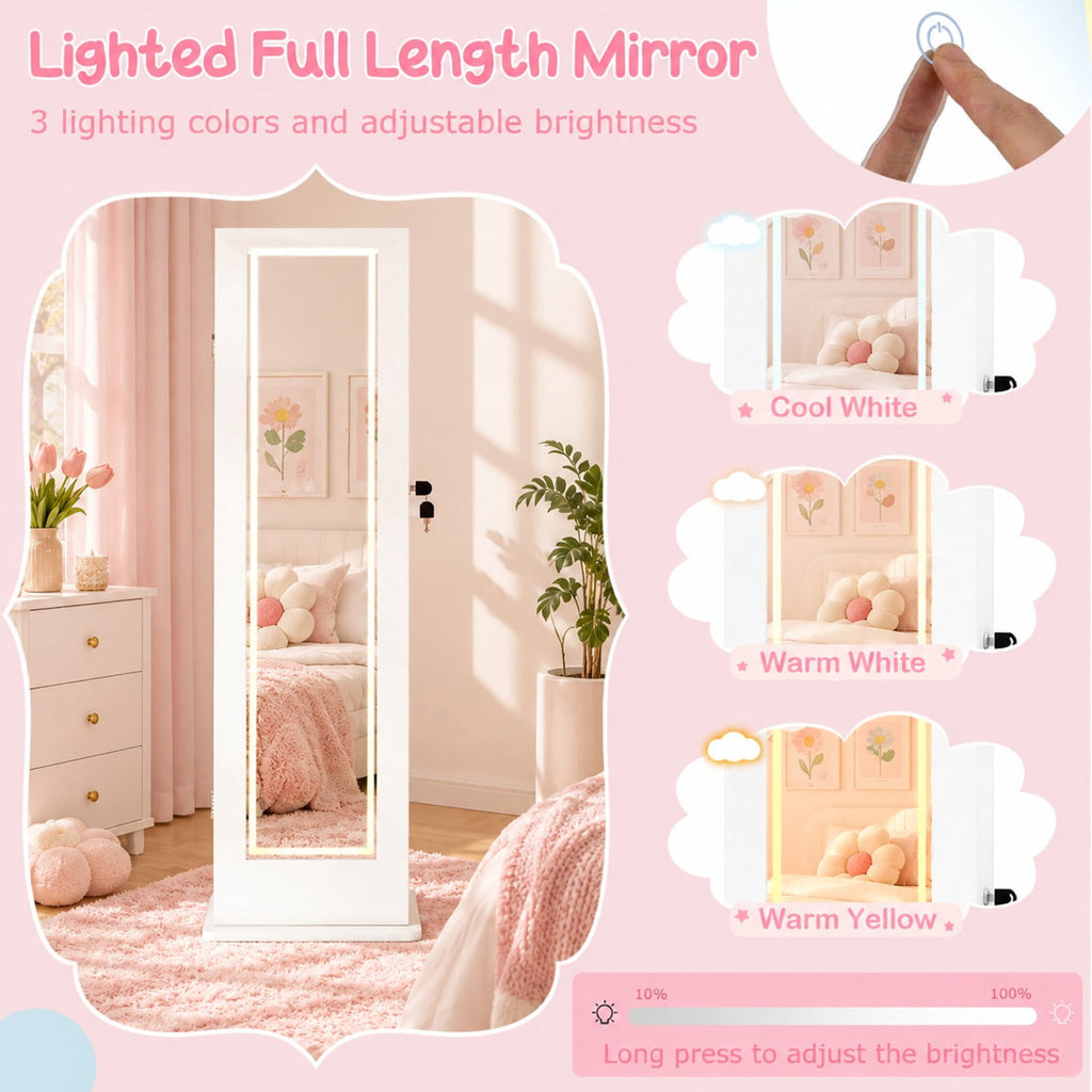Airfind 3 In 1 Kids Jewelry Cabinet Freestanding Jewelry Armoire with 3-Color Lighted Mirror, MDF Glass Acrylic Frame, White