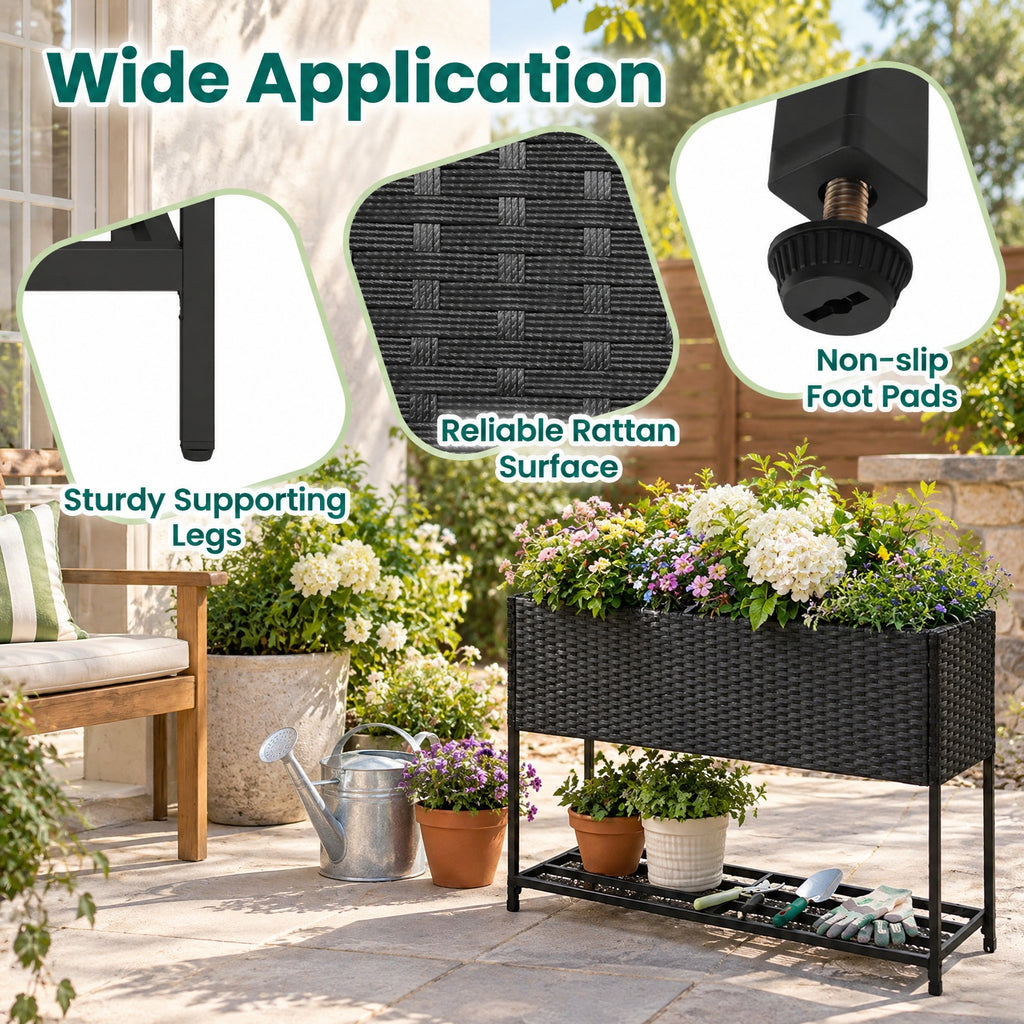 Airfind Raised Wicker Garden Bed with Storage Shelf and Removable Liner, 132 lbs Shelf Capacity, Metal Frame, 40 x 12 x 28 Planter Footprint