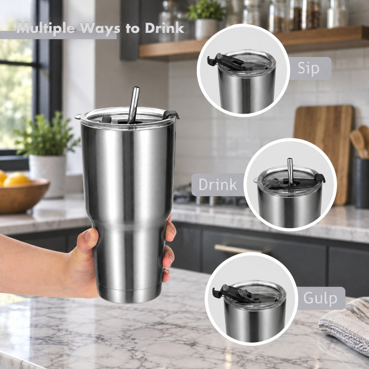 Airfind 30oz Stainless Steel Tumbler Cup Double Wall Vacuum Insulated Mug featuring Lid, 304 Stainless Steel AS PP Silicone Frame, Silver