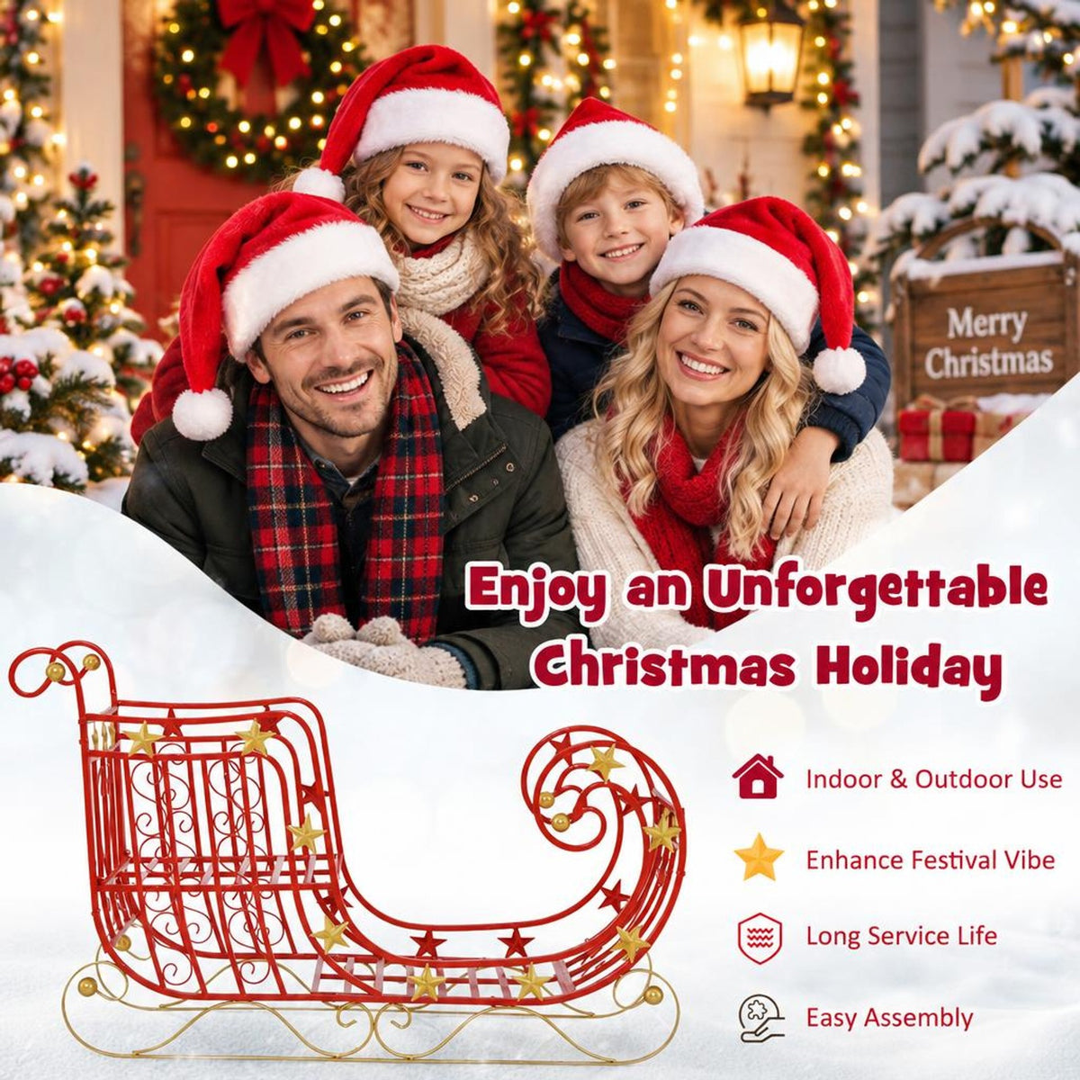 Airfind Metal Christmas Santa Sleigh with Large Cargo Area for Gifts, Metal Frame, 39 Inch x 14 Inch x 24 Inch Footprint, Red + Golden