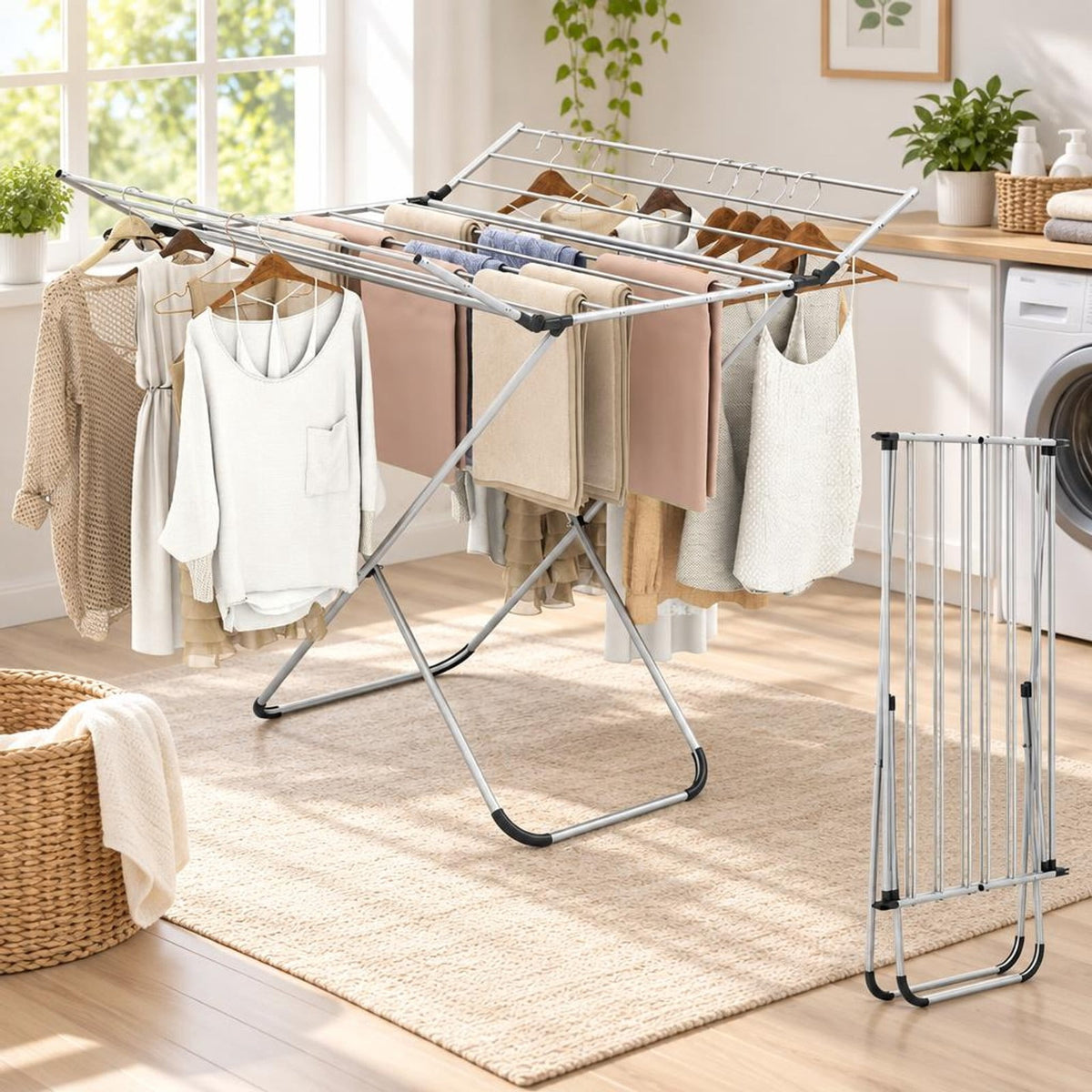 Airfind Folding Aluminum Clothes Drying Rack with 2 Side Wings, 26.5 lbs Capacity, Aluminum Plastic Frame, 41 x 37 x 41 Footprint, Silver