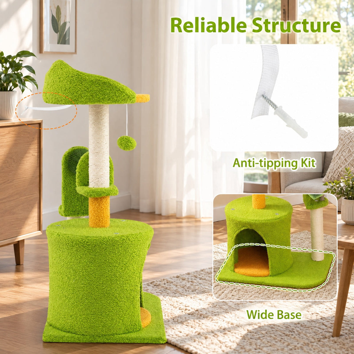 Airfind Cute Palm Cat Tree, for Indoor Cats with Artificial Leaves, Engineered Wood EVA Sisal Teddy Fleece Frame, 19 Inch x 13 Inch x 31 Inch Perch, Green