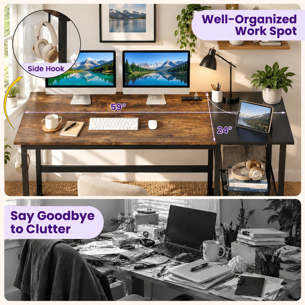 Airfind 59 Inch Home Office Computer Desk with Removable Storage Shelves, 275 lbs Capacity, Metal Engineered Wood Frame, 59 x 24 x 30 Footprint