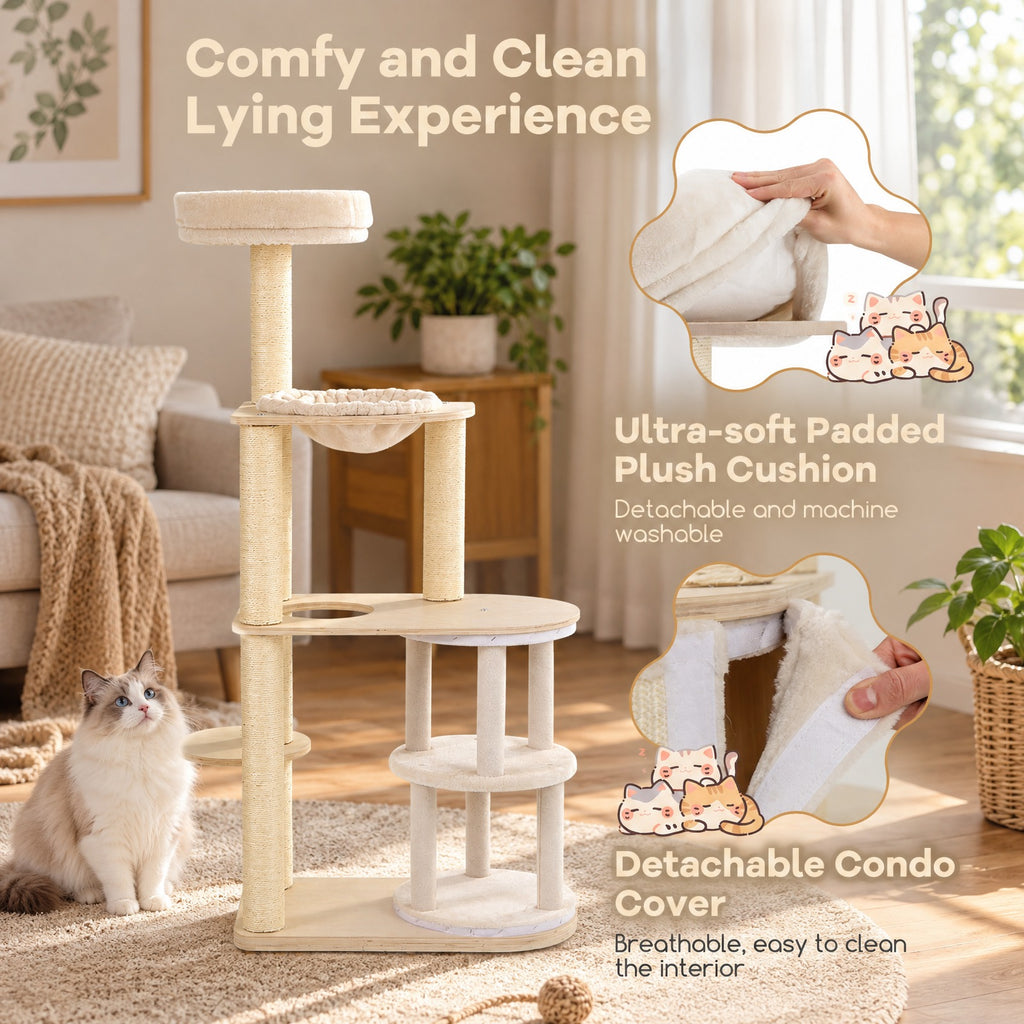 Airfind 60 Inches Tall Cat Tree with 2-Story Condo and Sisal Scratching Posts, 27.5 Inch x 15.5 Inch x 60 Inch Condo Footprint, Natural