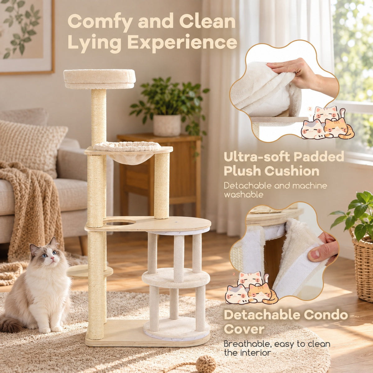 Airfind 60 Inches Tall Cat Tree with 2-Story Condo and Sisal Scratching Posts, 27.5 Inch x 15.5 Inch x 60 Inch Condo Footprint, Natural